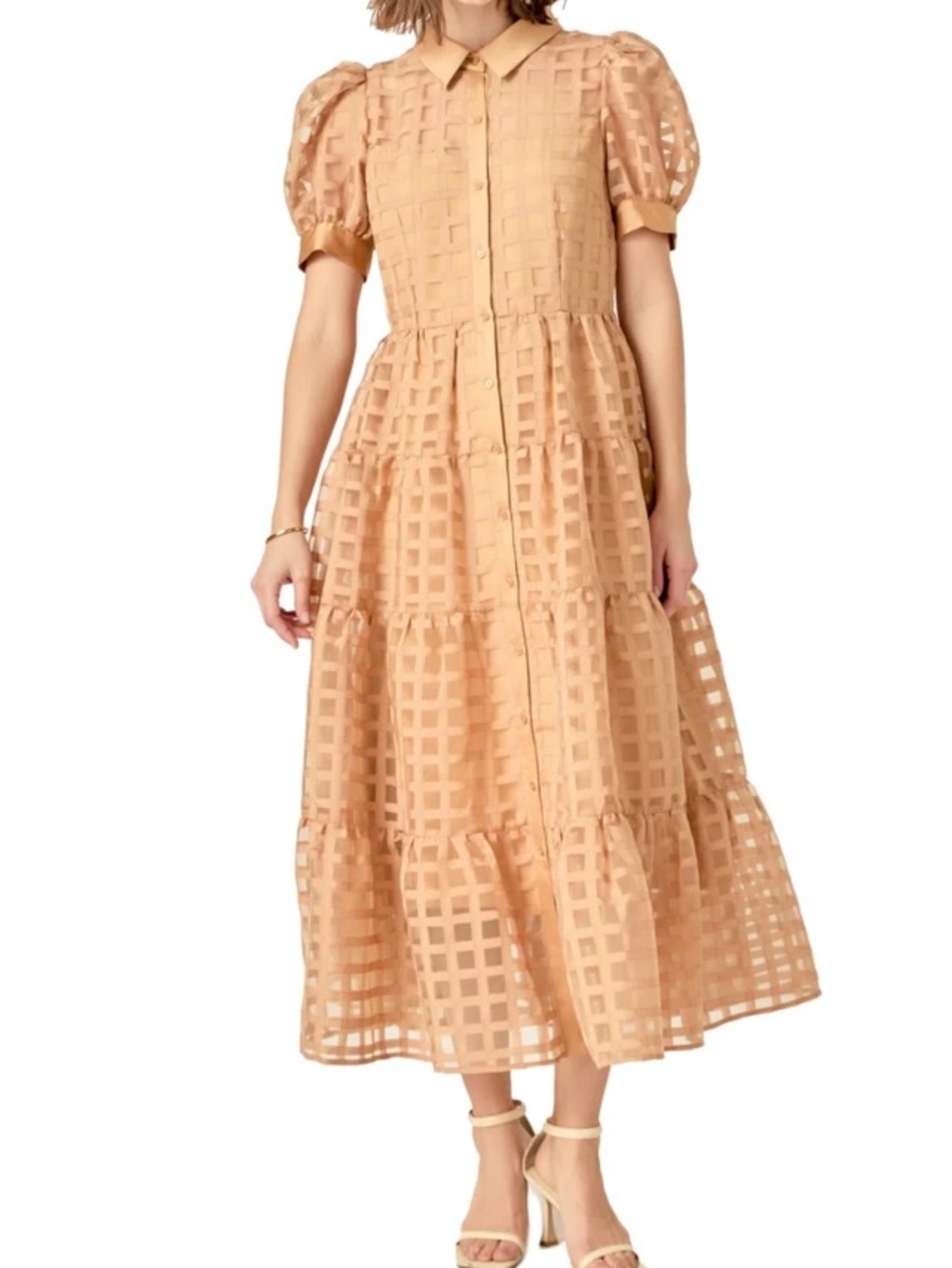 Women's Peach Tiered Gingham Midi Dress - Picture 3 of 7